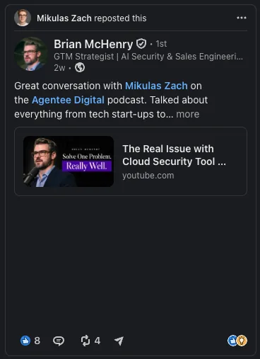 LinkedIn repost from Brian McHenry about their Agentee Digital Podcast episode
