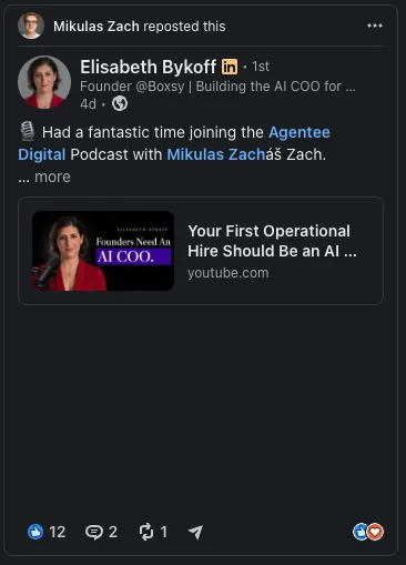 LinkedIn repost from Elisabeth Bykoff about their Agentee Digital Podcast episode