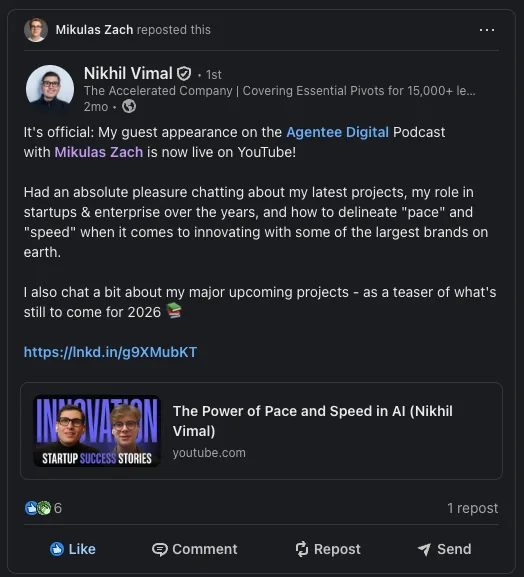 LinkedIn repost from Meg Bear about their Agentee Digital Podcast episode