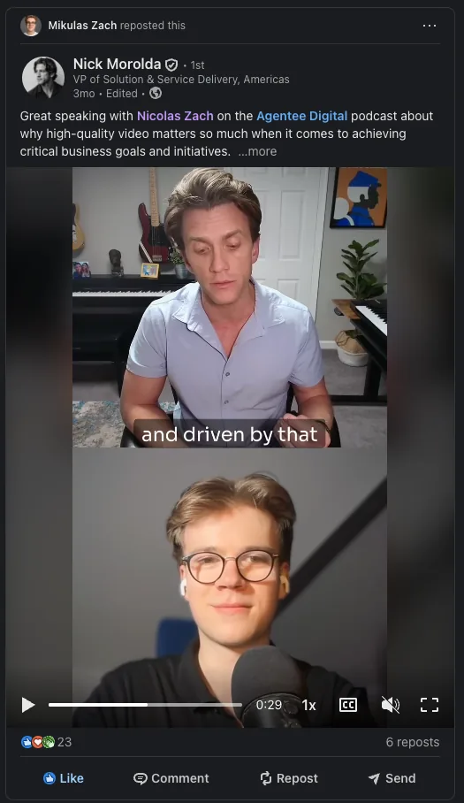 LinkedIn repost from Nick Morolda about their Agentee Digital Podcast episode