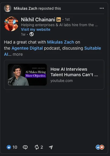 LinkedIn repost from Nikhil Chainani about their Agentee Digital Podcast episode