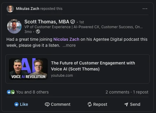 LinkedIn repost from Scott Thomas, MBA about their Agentee Digital Podcast episode